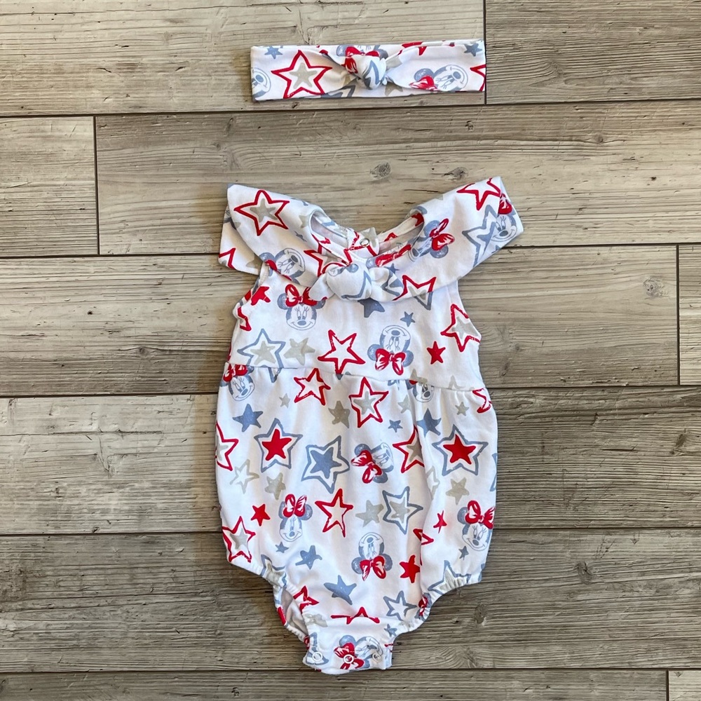 Disney Red, White and Blue Minnie Mouse Onesie with Matching Bow Size 18mo
